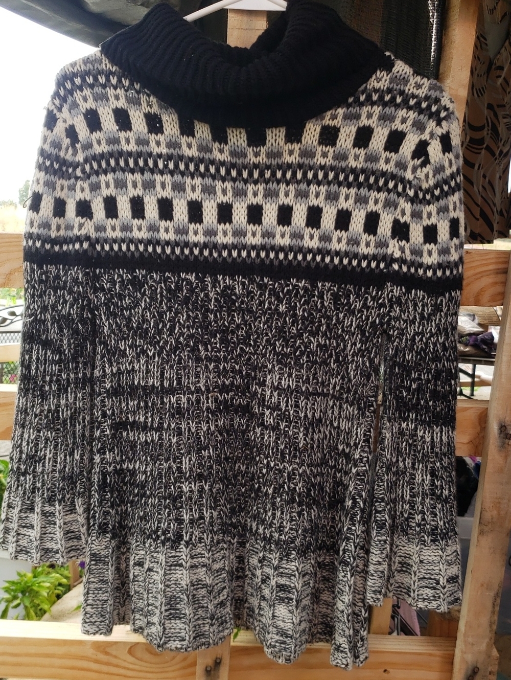 DECREE Black Gray Fair Isle Cowl Neck Marled Bell Sleeve Knit Sweater XL Great